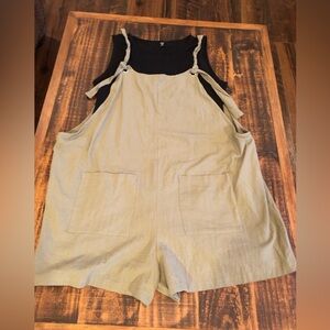 Sage Green Sleeveless Romper Shorts with Pockets and Black Bodysuit